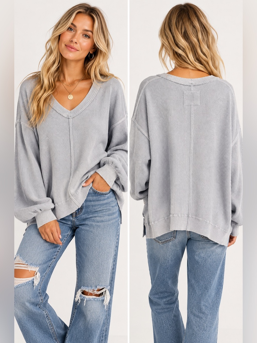 aerie Light Gray Oversized V-Neck Pullover Sweater